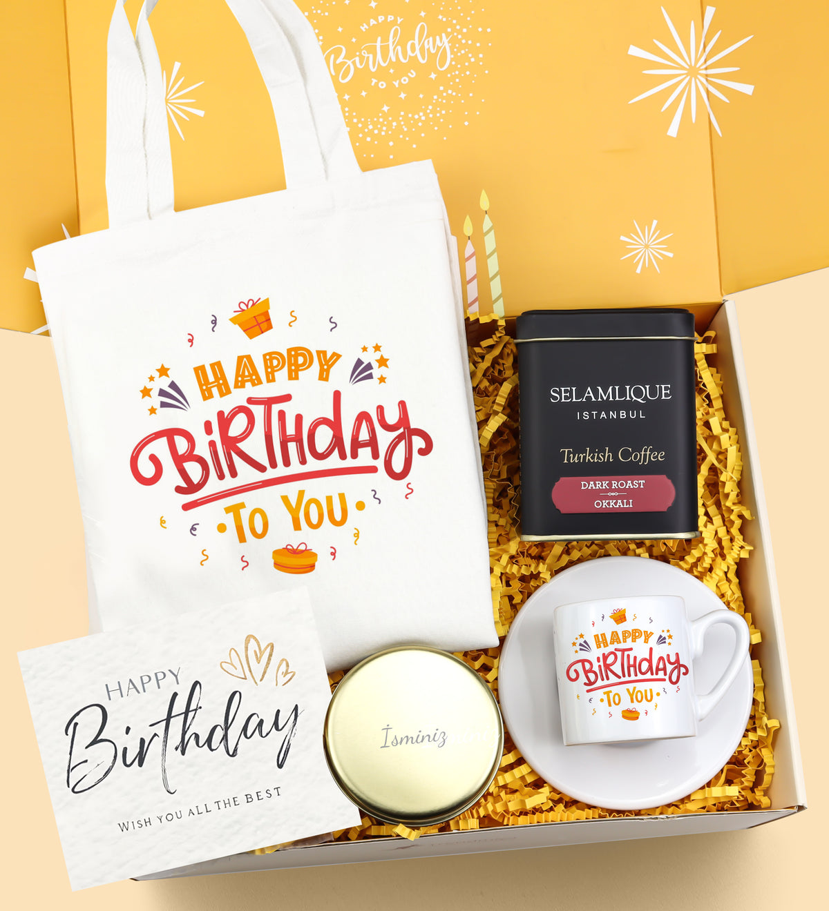 Kişiye Özel Mum & Bez Çanta & Fincan & Türk Kahvesi Doğum Günü Hediye Seti