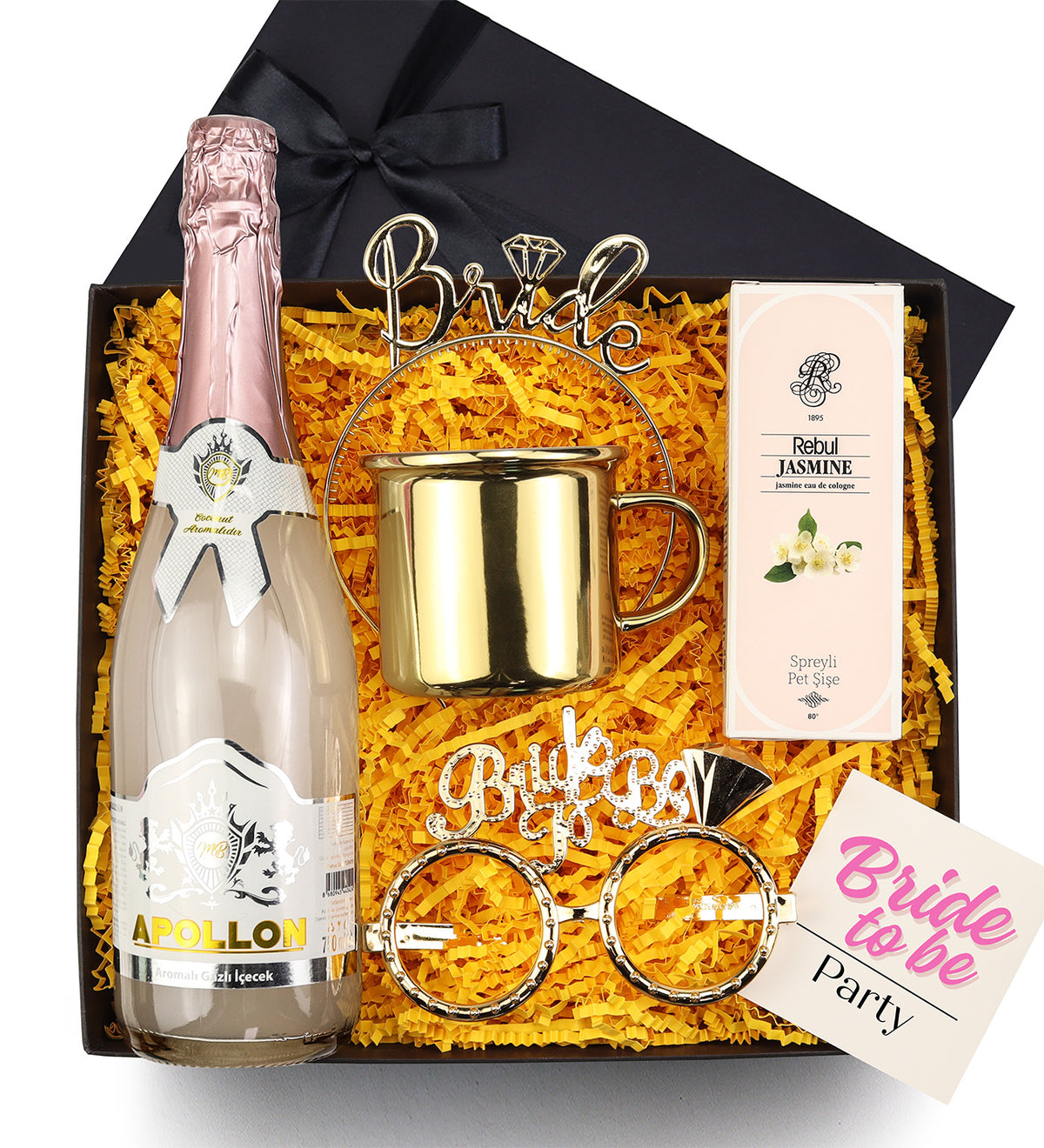 Apollon Simli Gazlı İçecek & Gold Kupa & Rebul Kolonya & Bride Taç & Bride Gözlük Hediye Seti