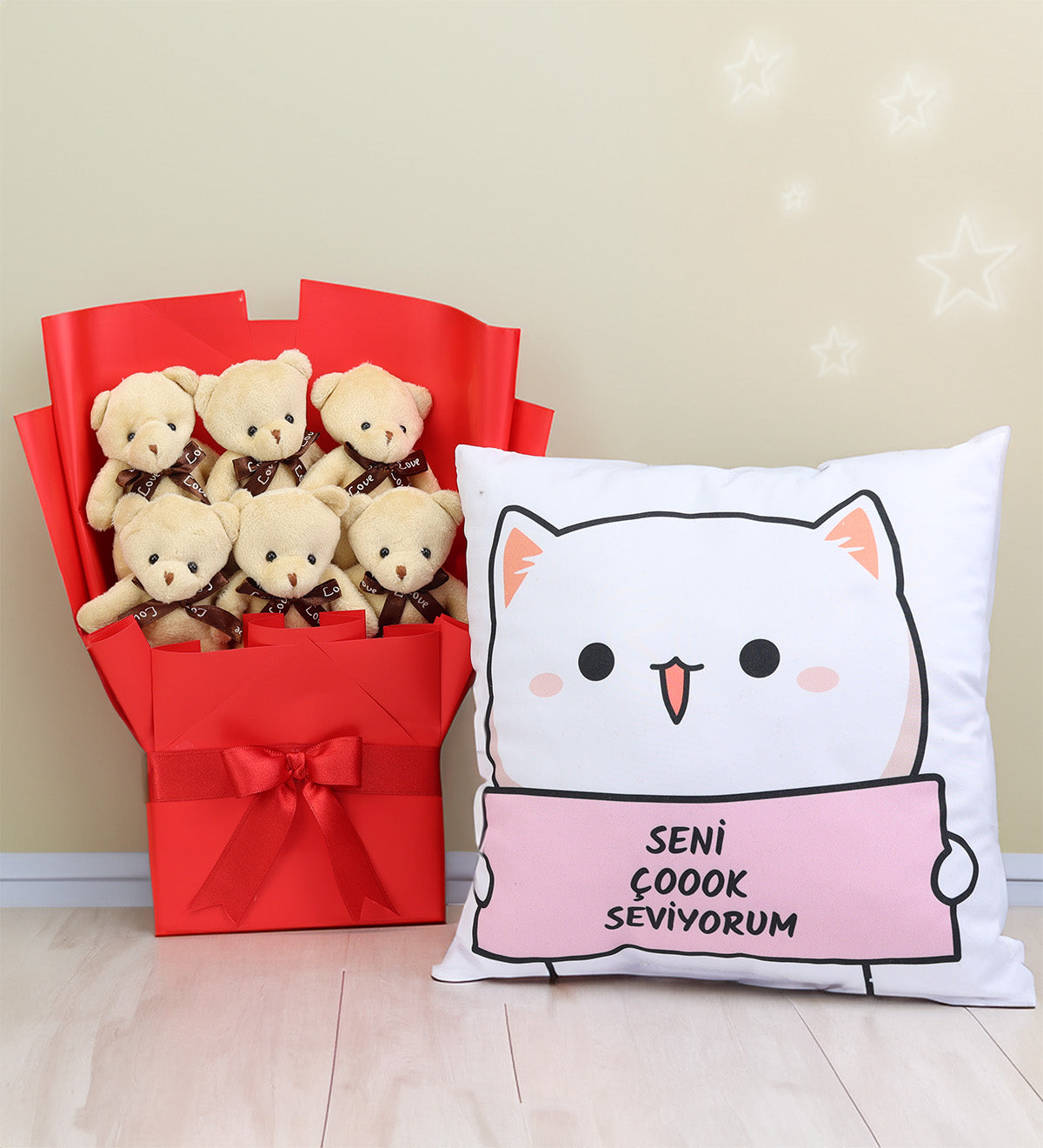 Motto Yastık & Ayıcık Buketi Hediye Seti