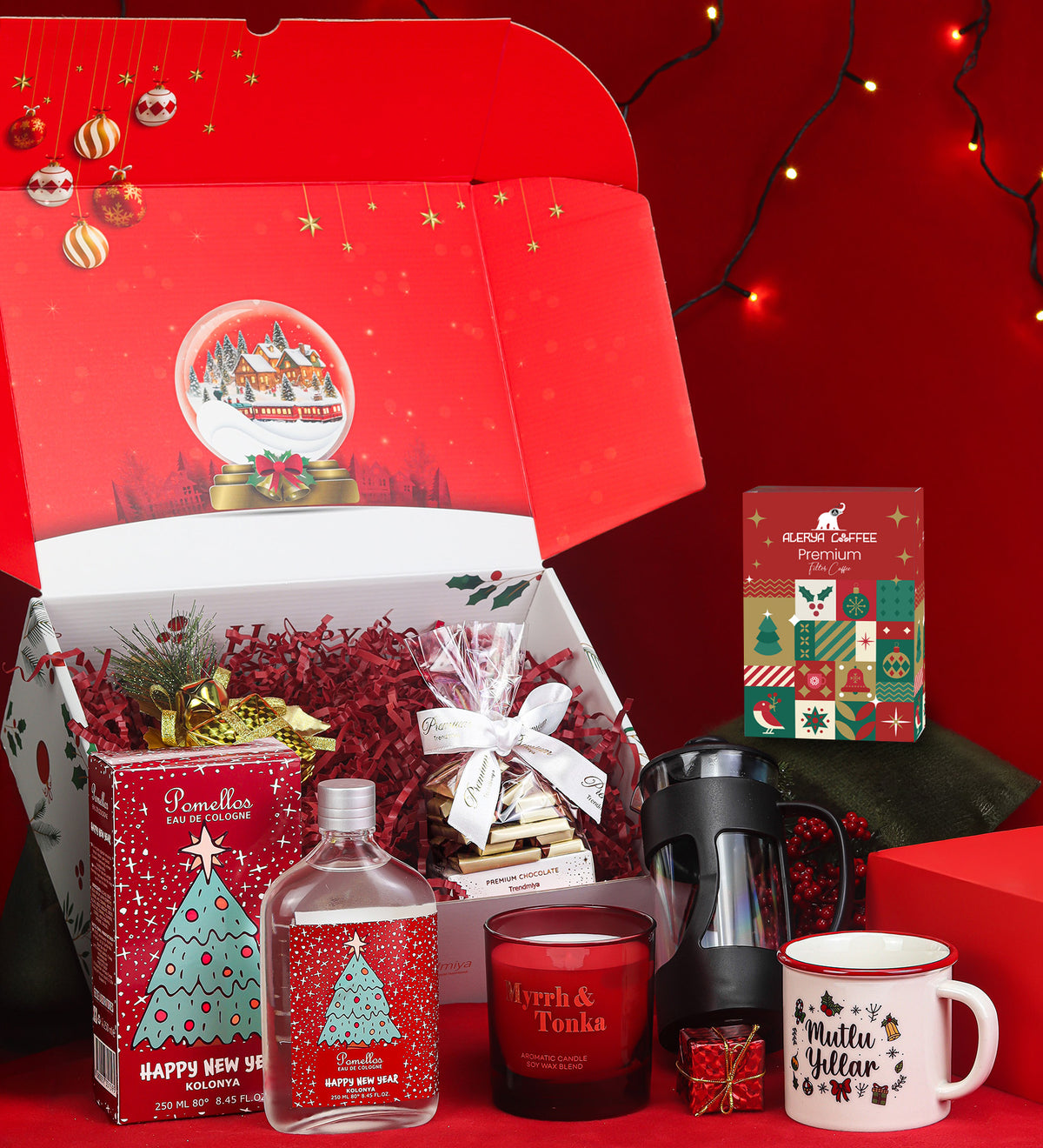 Premium Çikolata & French Press & Pomellos Yılbaşı Kolonya & Mum & Mutlu Yıllar Kupa & Alerya Premium Yılbaşı Kahve Hediye Seti