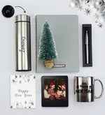 Kişiye Özel Tasarım 500 ML Dereceli Termos & Gri Spiralli Yeni Yıl Tarihli Ajanda & Metalik Roller Kalem & Ahşap Zeminli Mini Çam Ağacı & İnstagram Çerçeve & Kupa Hediye Seti