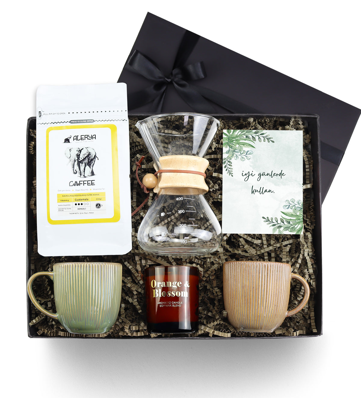 2'li Porselen Fincan & Filtre Kahve & Mum & Cam Karaf Hediye Seti