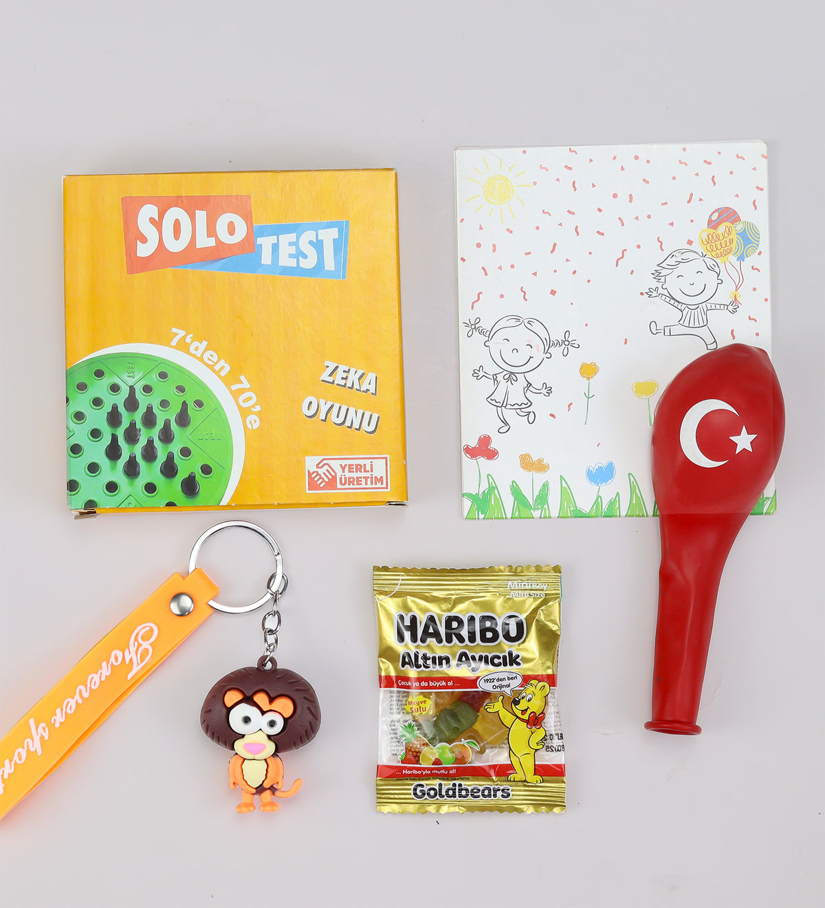 Solo Test Zeka Oyunu & Figürlü Anahtarlık & Balon & Mini Haribo Hediye Seti
