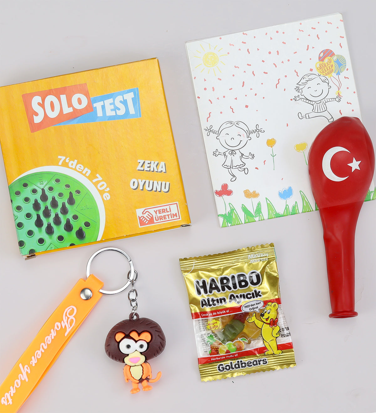 Solo Test Zeka Oyunu & Figürlü Anahtarlık & Balon & Mini Haribo Hediye Seti