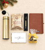 Kişiye Özel Gold Roller Kalem & Kahverengi Defter & 500 ML Gold Renk Dereceli Termos & Mehmet Efendi Türk Kahvesi & Godiva Napoliten Çikolata Hediye Seti