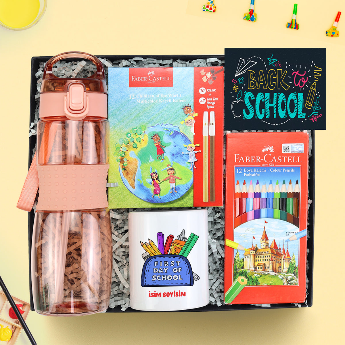 Pipetli Matara 750ml & Kalemlik & Faber Castell Boya Kalemi & 12'li Keçeli Kalem Hediye Seti