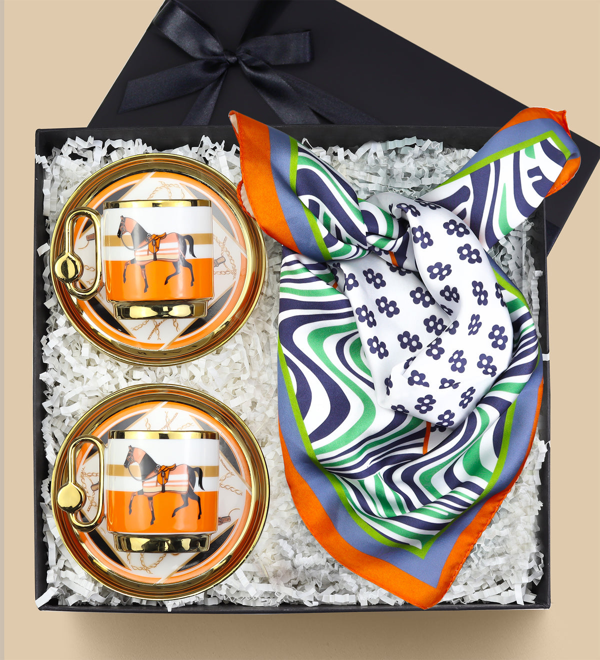 2 li Porselen Fincan & Tasarım Fular Hediye Seti