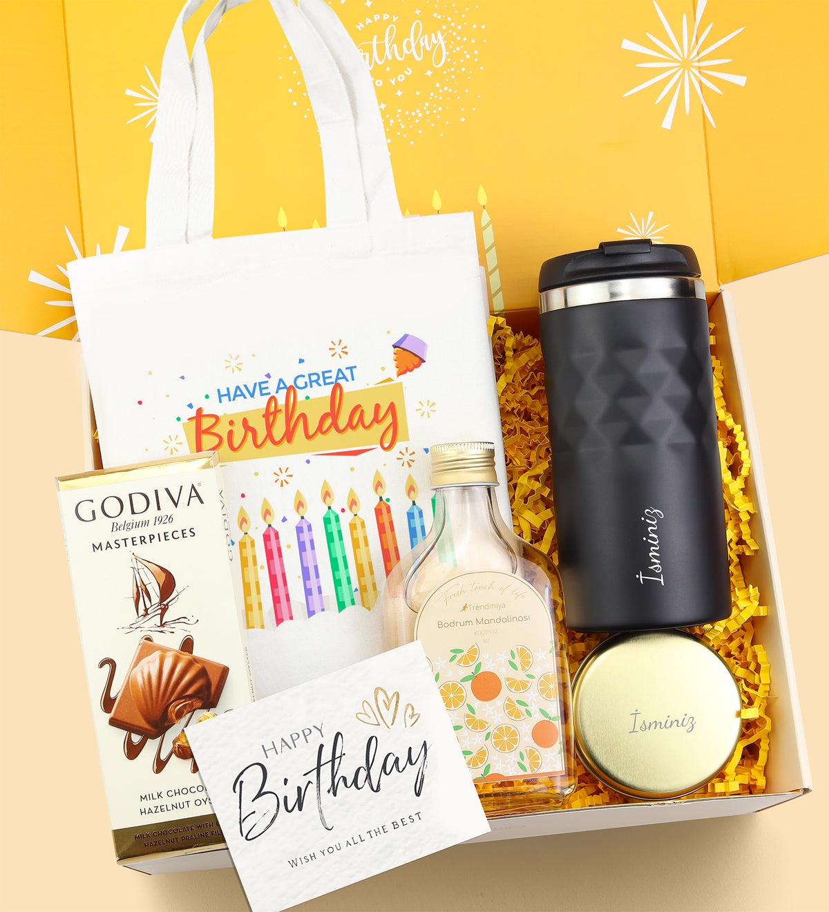 Kişiye Özel Termos & Mum & Kolonya & Godiva Çikolata Doğum Günü Hediye Seti