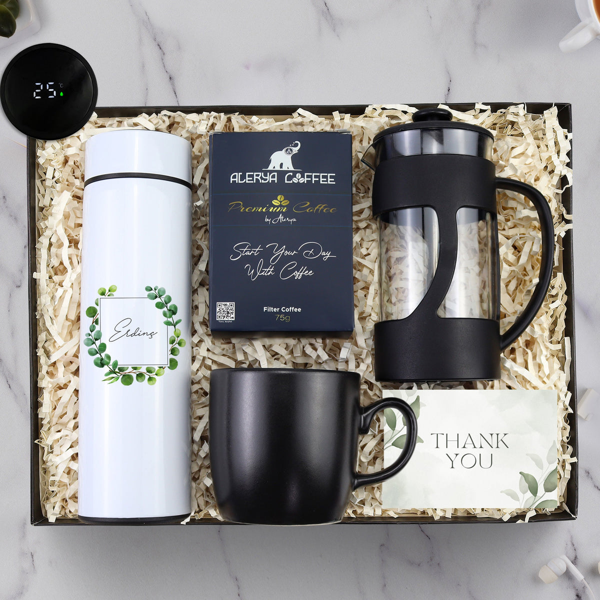 Kişiye Özel Tasarım 500 ML Dereceli Termos & Siyah French Press & Siyah Kupa & Alerya Premium Filtre Kahve Hediye Seti