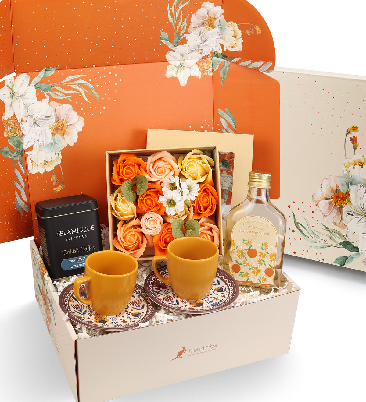 Turuncu Gül Kutusu & Seramik Kahve Fincanı & Türk Kahvesi & Bodrum Mandalinası Kolonyası Hediye Seti