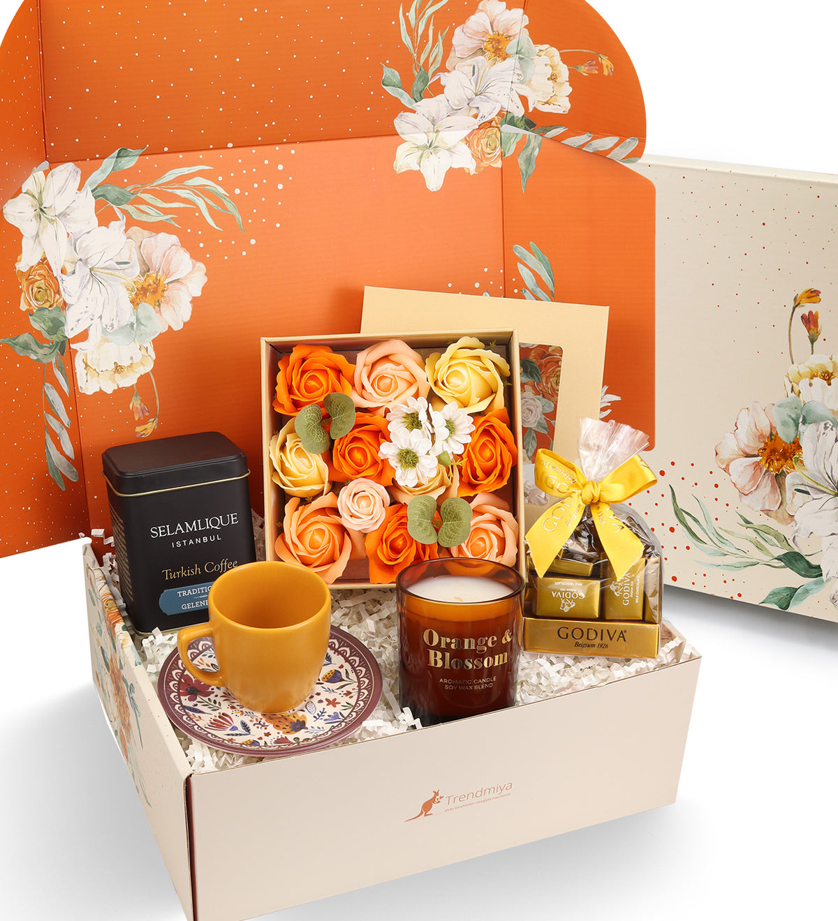 Fincan &Godiva Çikolata & Rakle Mum & Gül Kutusu & Türk Kahvesi Hediye Seti
