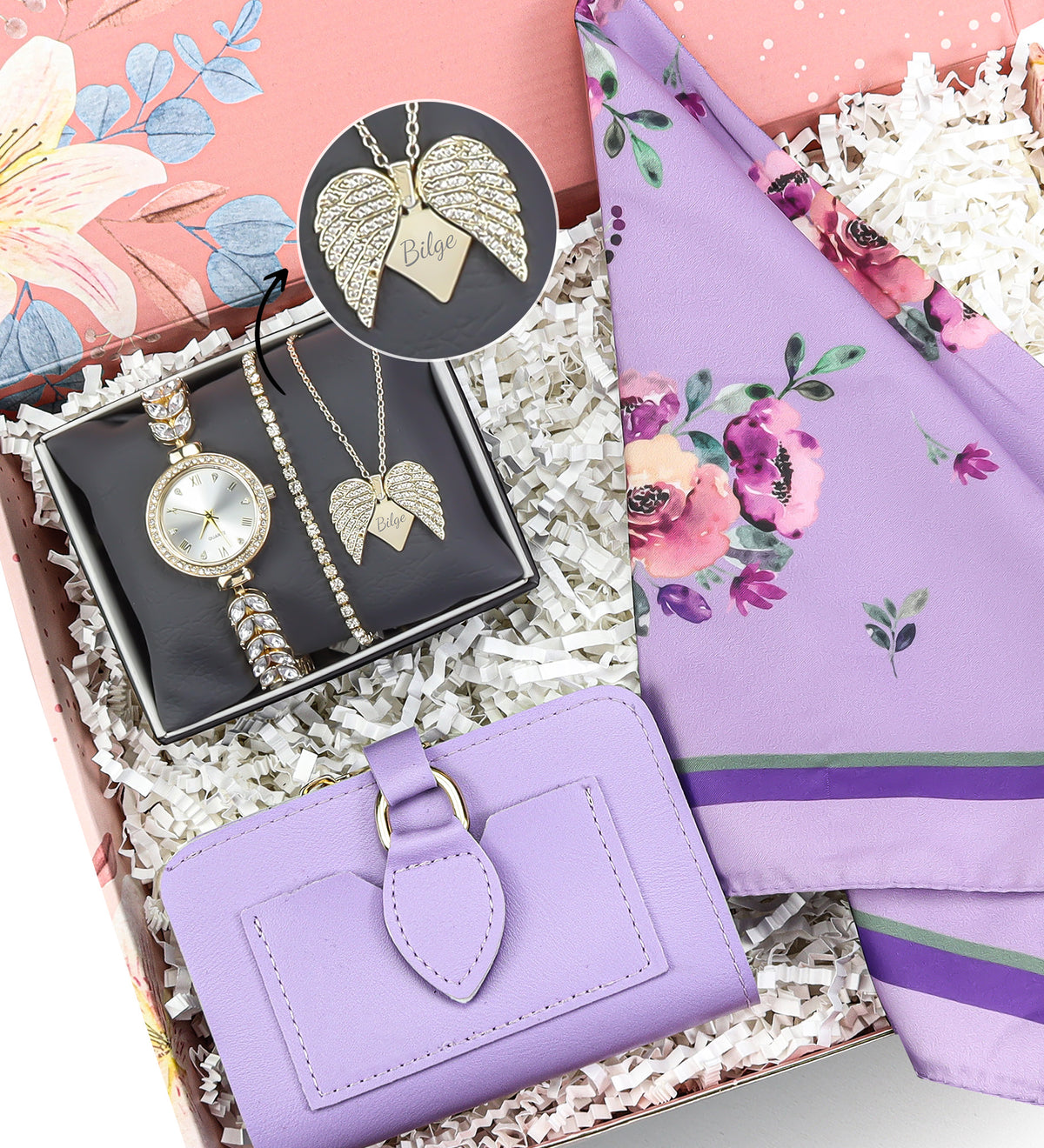 Kişiye Özel Kolye & Kadın Saat & Fular & Cüzdan Hediye Seti