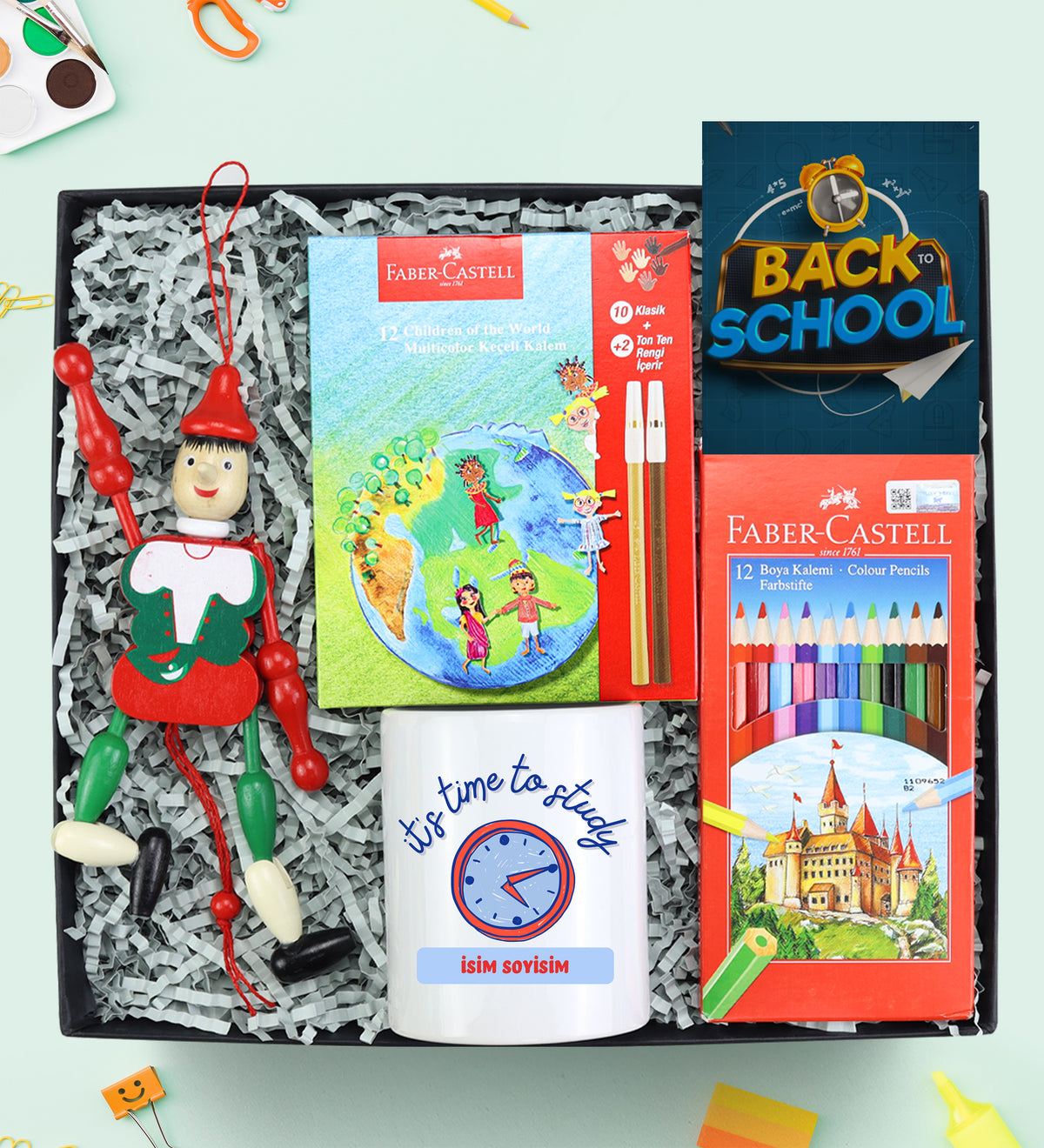 Çek Bırak Kukla & Faber Castell Keçeli Kalem & Boya Kalemi & Kalemlik Hediye Seti