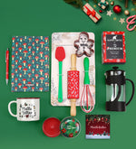 Kişiye Özel Mantar Desenli Defter & Gümüş Renk Detaylı Kırmızı Tükenmez Kalem & Mutlu Yıllar Temalı Vintage Kupa & Alerya Yılbaşı Premium Filtre & Yılbaşı Temalı Metal Kutulu Mum & Silikon Mini Mutfak Seti & Siyah French Press Hediye Seti