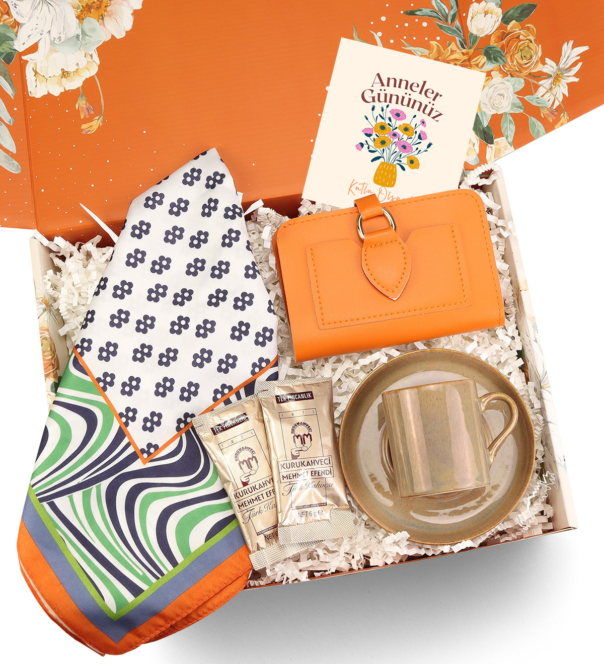 Porselen Fincan & Yumuşak Deri Kartlık Cüzdan & Mehmet Efendi Türk Kahvesi & Tasarım Fular Hediye Seti