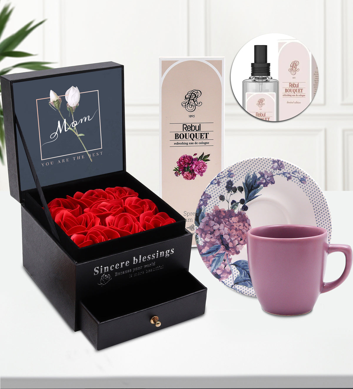 Anneler Gününe Özel Gül Kutusu & Rebul Kolonya & Mor Fincan Hediye Seti