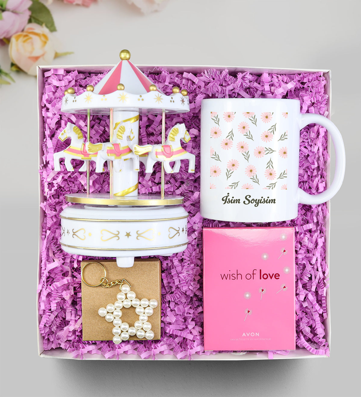 Atlı Karınca Müzik Kutusu & Kupa & Avon Wish Of Love & İnci Yıldız Anahtarlık Hediye Seti