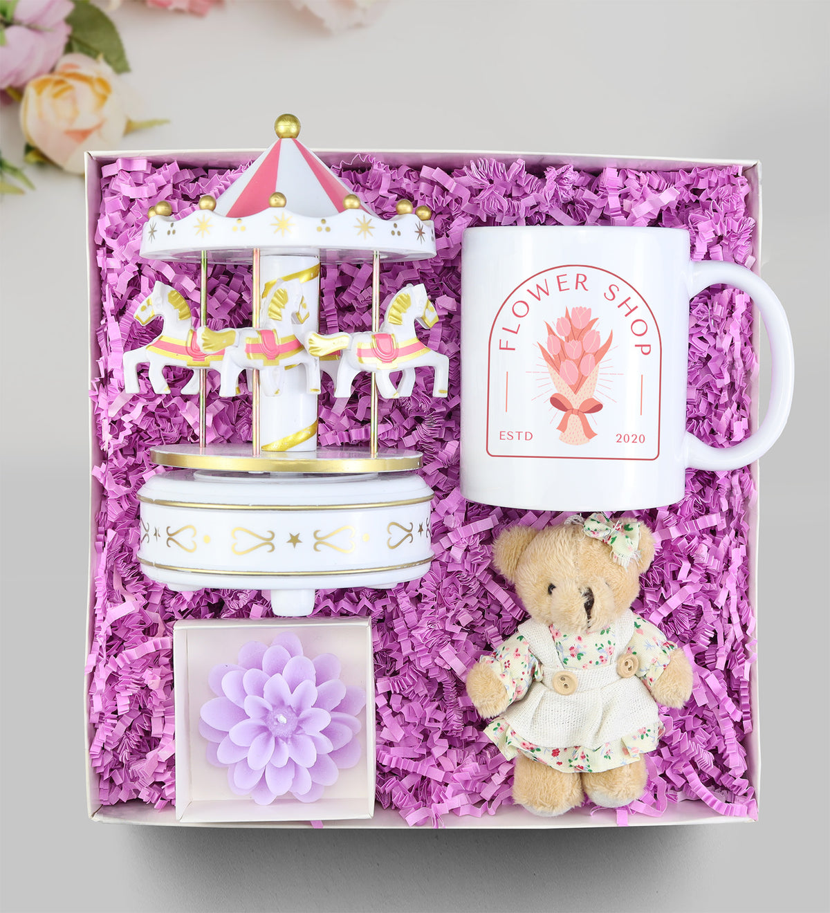 Atlı Karınca Müzik Kutusu & Kupa & Ayıcık Anahtarlık & Lotus Mum Hediye Seti