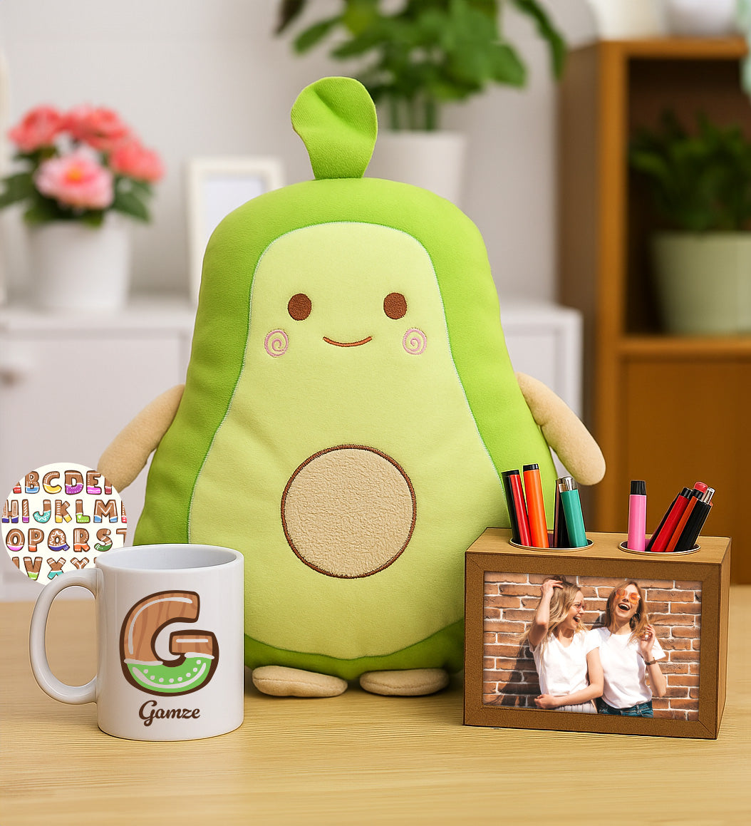 Avokado Yastık & Fotoğraflı Kalemlik & Kupa Hediye Seti