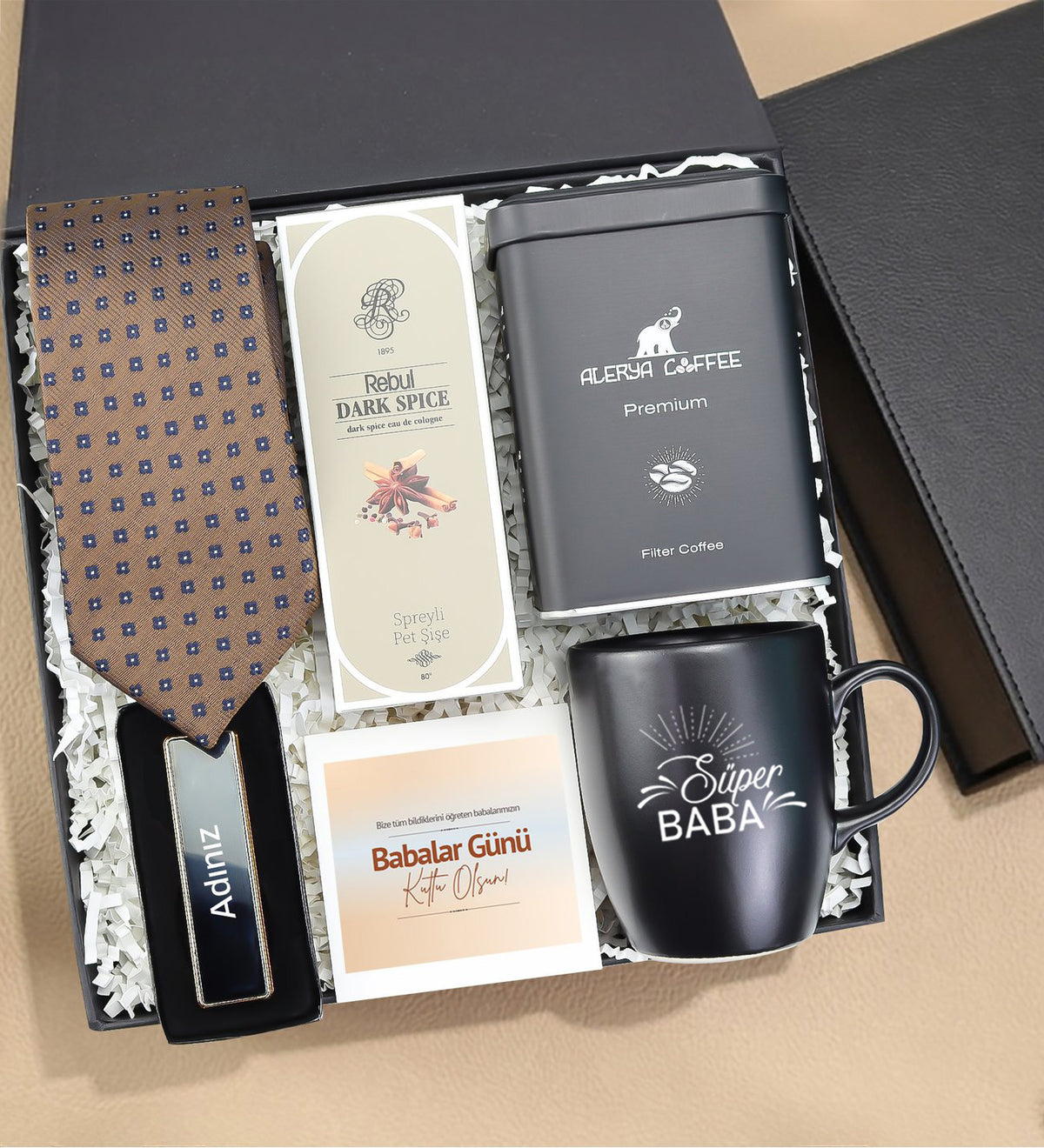 Kravat Çakmak Kahve Kolonya Kupa Deri Kutulu Premium Hediye Seti