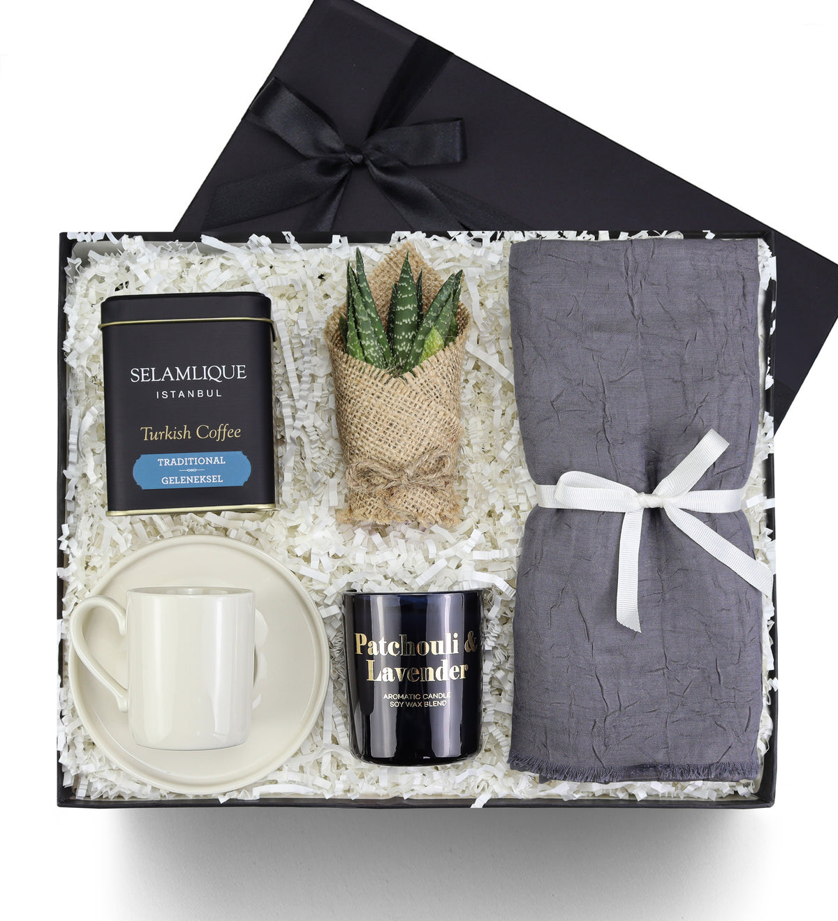 Bambu Gri Şal & Canlı Sukulent Çiçek &Beyaz Porselen Fincan & Rakle Mum & Selamlıque Türk Kahvesi Hediye Seti