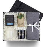 Bambu Gri Şal & Canlı Sukulent Çiçek &Beyaz Porselen Fincan & Rakle Mum & Selamlıque Türk Kahvesi Hediye Seti