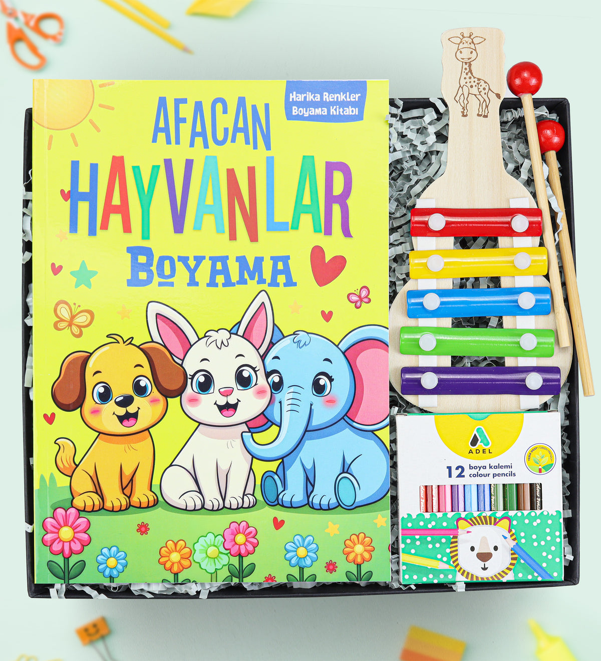 Ksilofon Müzik Aleti & Boyama Kitabı & Adel 12'li Boya Kalemi Hediye Seti