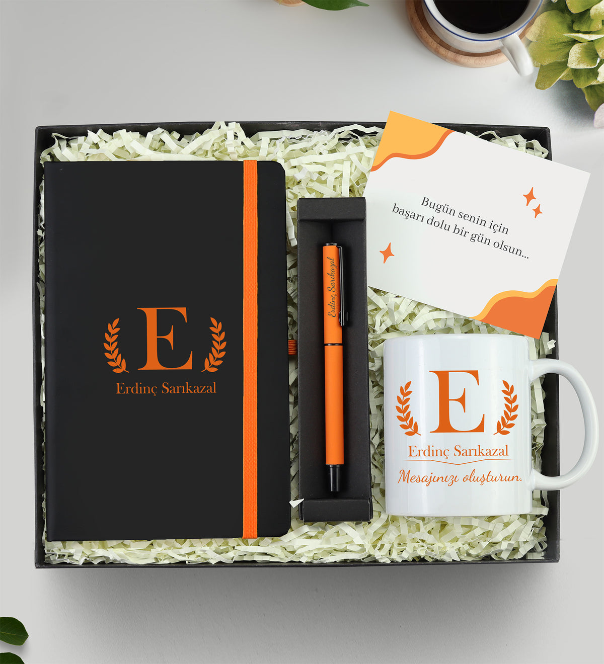 Siyah Turuncu Tasarım Defter & Turuncu Mat Roller Kalem & Kupa Hediye Seti