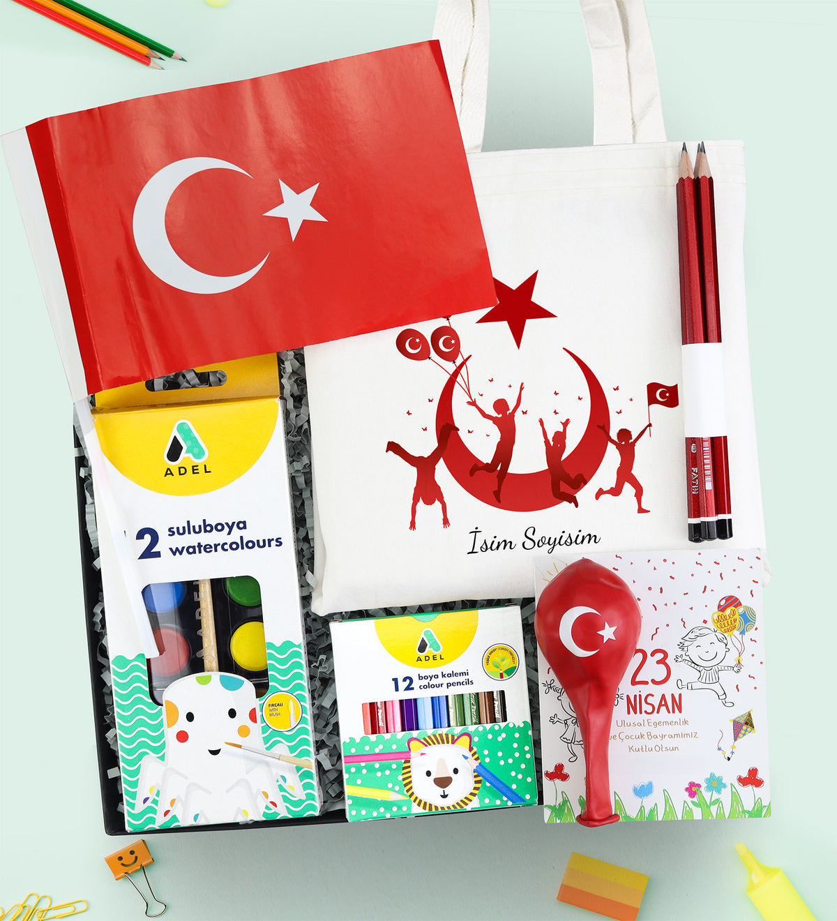 Çanta & Bayrak & Adel Sulu Boya & Kuru Boya & Balon & 4'lü Kurşun Kalem Hediye Seti