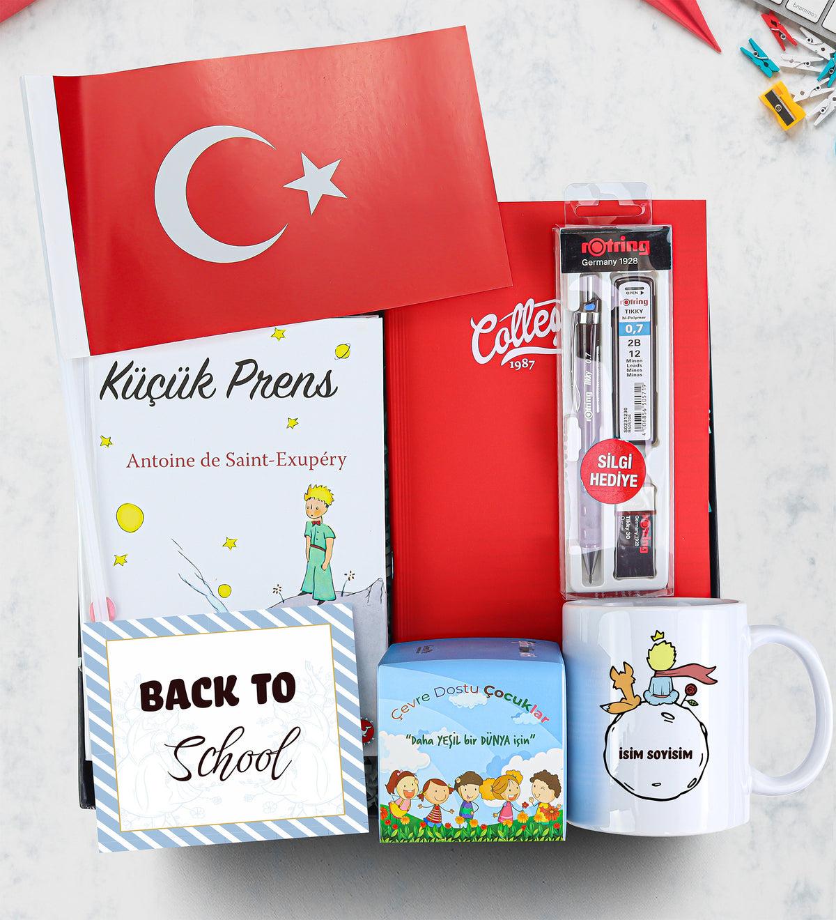 Küçük Prens & Kupa & Okul Defteri & Rotring Kalem Seti & Bitki Dikim Seti & Bayrak Hediye Seti