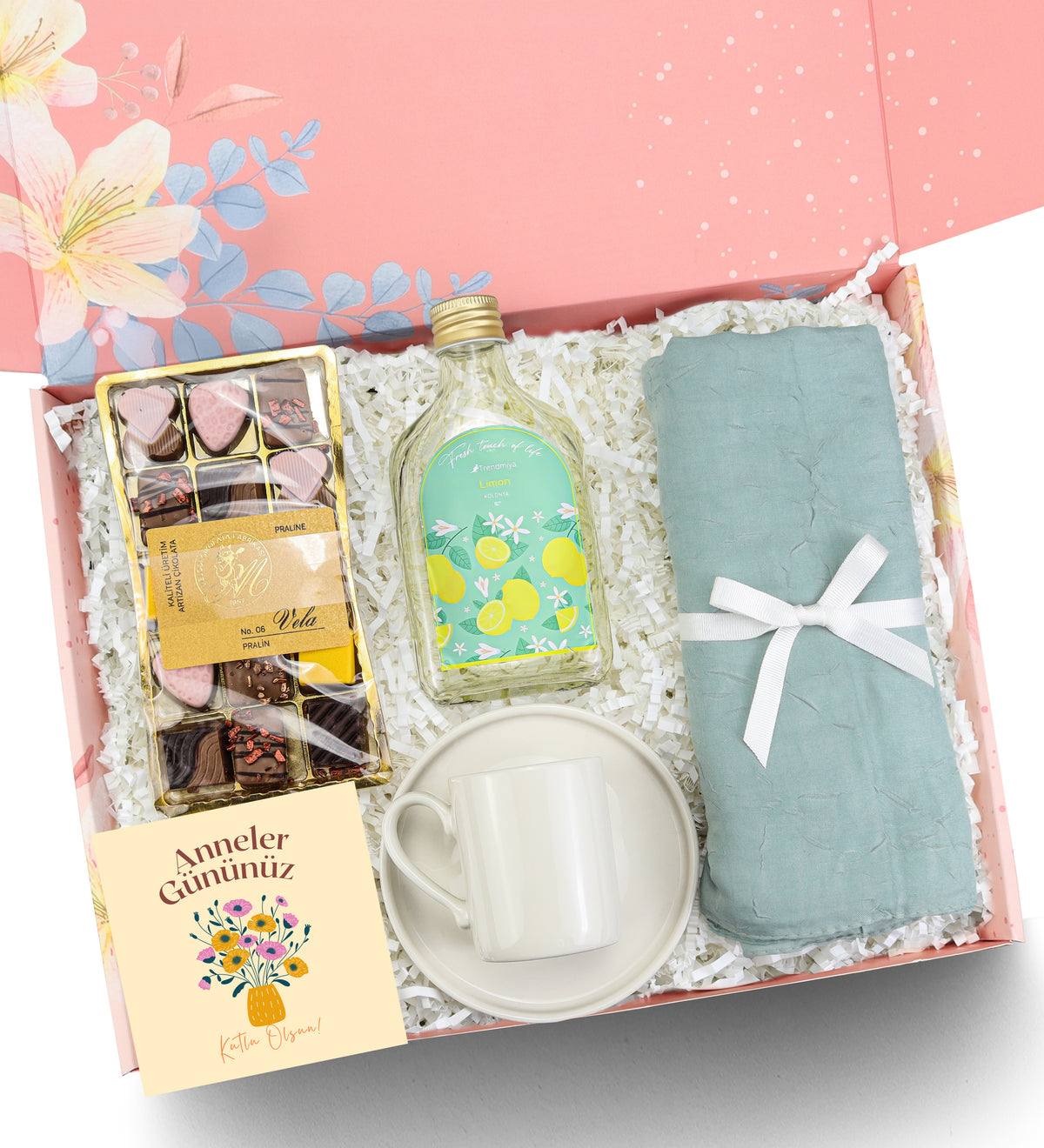 Yeşil Bambu Şal & 200 ml Limon Kolonyası & Beyaz Porselen Fincan & Melodi Vela Çikolata Hediye Seti