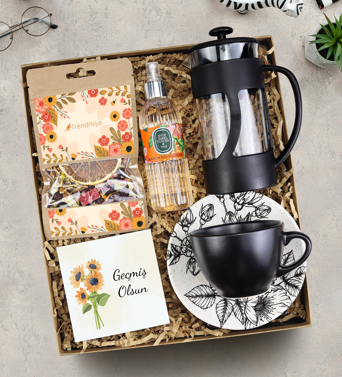 Bitki Çayı & French Press & Siyah Çay Fincanı & Kolonya Geçmiş Olsun Hediye Seti