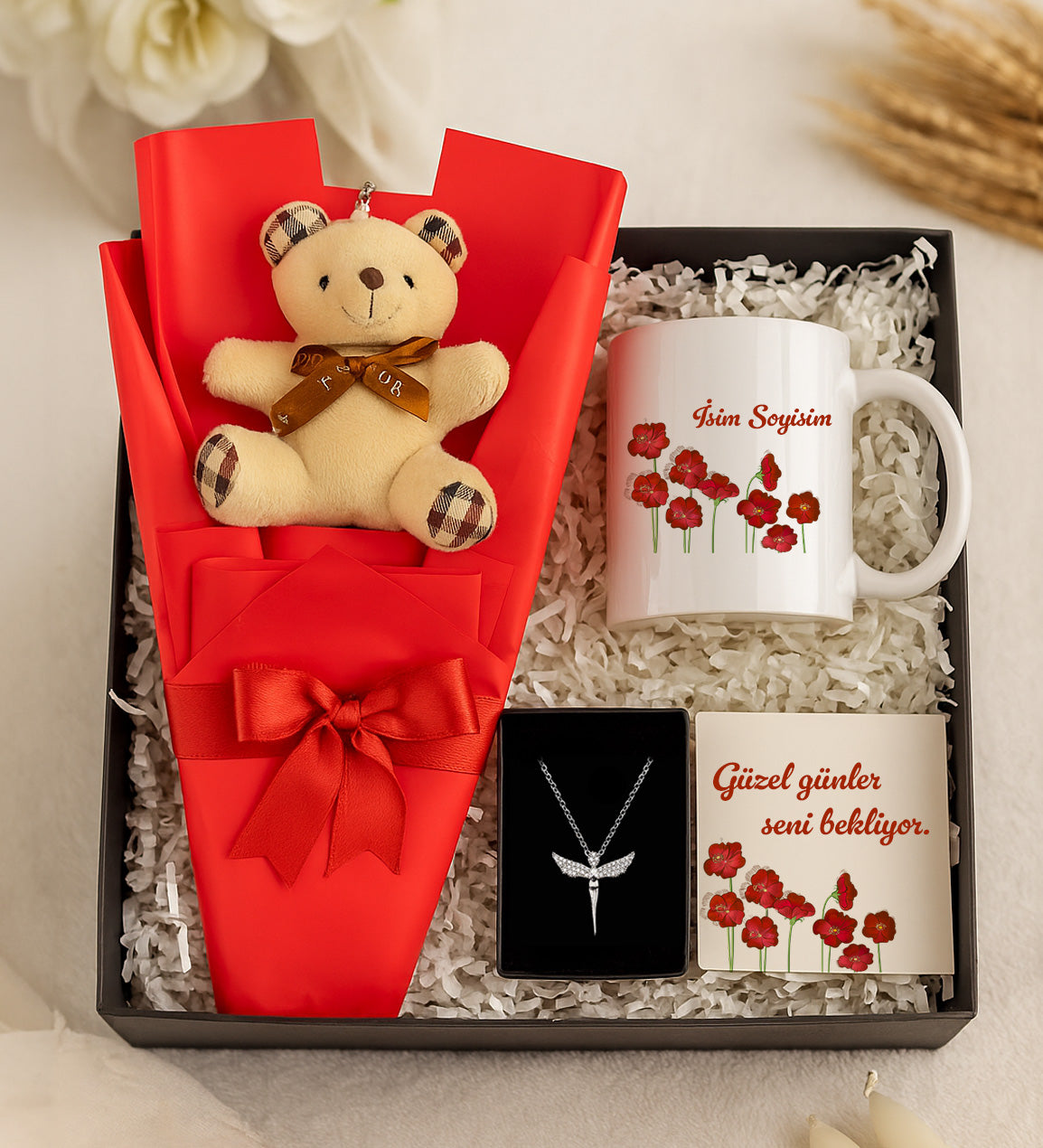 Tekli Ayıcık Buketi & Melek Kolye & Kupa Hediye Seti