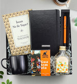 Tolstoy İnsan Ne İle Yaşar & Siyah Defter & Turuncu Mat Roller Kalem & Guatemala Filtre Kahve & Siyah Kupa & 100 ml Kolonya Hediye Seti