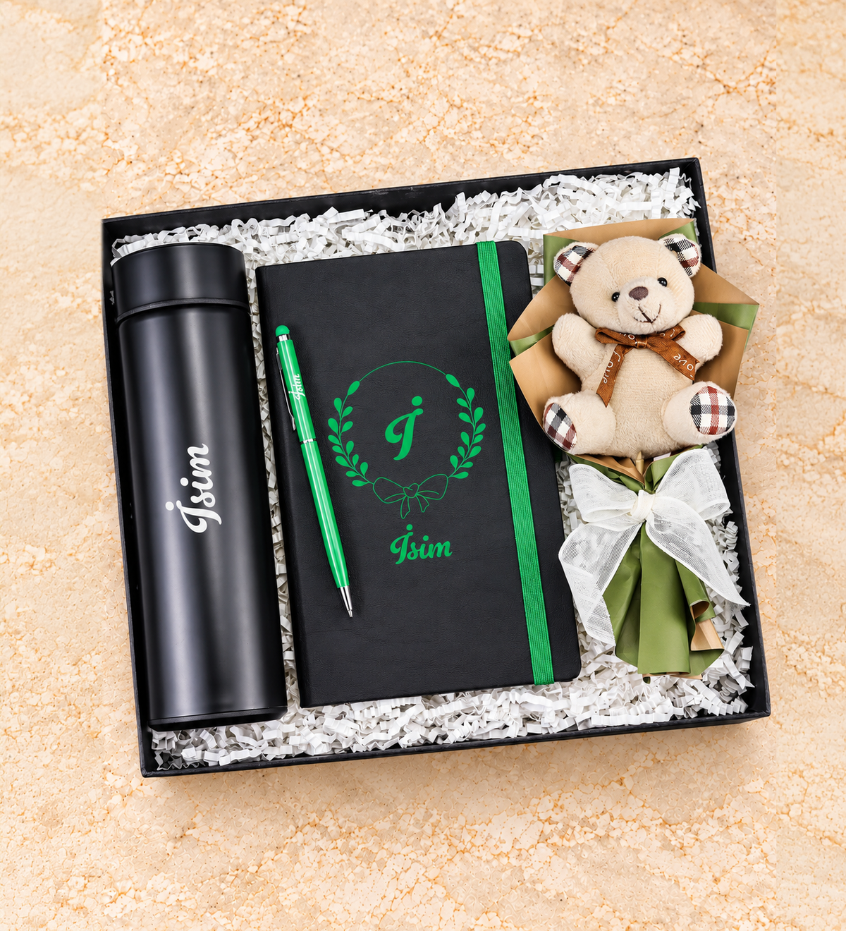 Dereceli Termos & Baskılı Defter & Yeşil Touchpen & Mini Ayıcık Buketi Hediye Seti