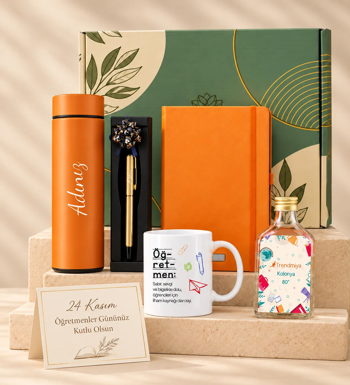 Dereceli Termos & Turuncu Defter & 200ml Kolonya & Gold Roller Kalem & Öğretmen Kupa Hediye Seti