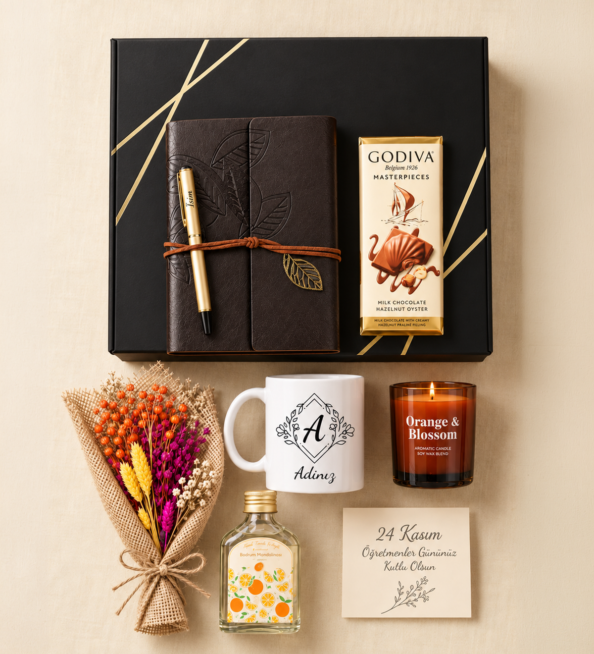 Deri Kapaklı Vintage Anı-Seyahat Defteri & Gold Roller Kalem & Buket Çiçek & Kupa & Rakle Mum & Kolonya & Godiva Çikolata Hediye Seti