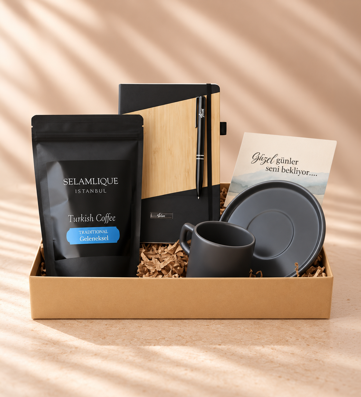 Dokulu Defter & Kalem & Fincan & Selamlıque Paket Kahve Hediye Seti