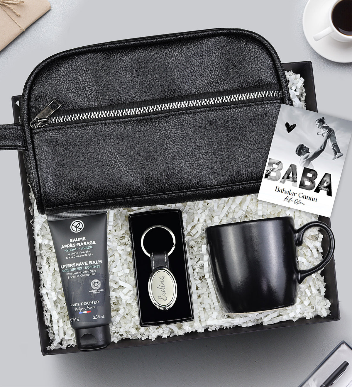 Kişiye Özel Anahtarlık & Erkek El Çantası & Siyah Kupa & Yves Rocher Tıraş Sonrası Balsam Hediye Seti