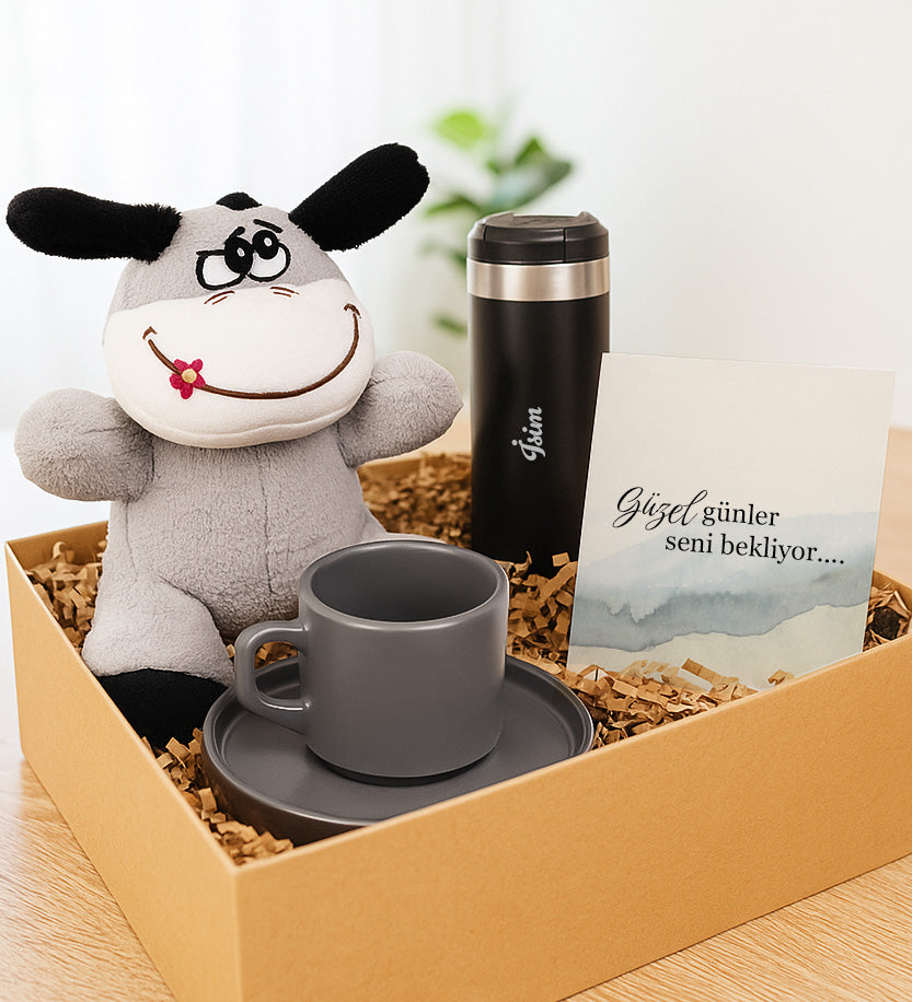 Eşek Peluş Oyuncak & Çelik 350ml Termos & Gri Fincan Hediye Seti
