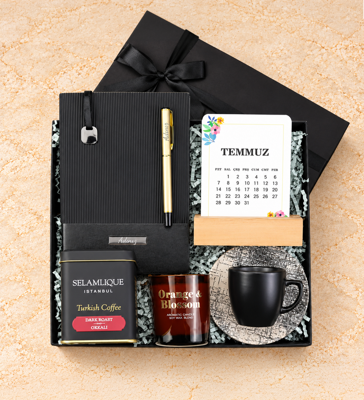Esnek Kapak Defter & Gold Kalem & Takvim & Mum & Selamlıque & Fincan Hediye Seti