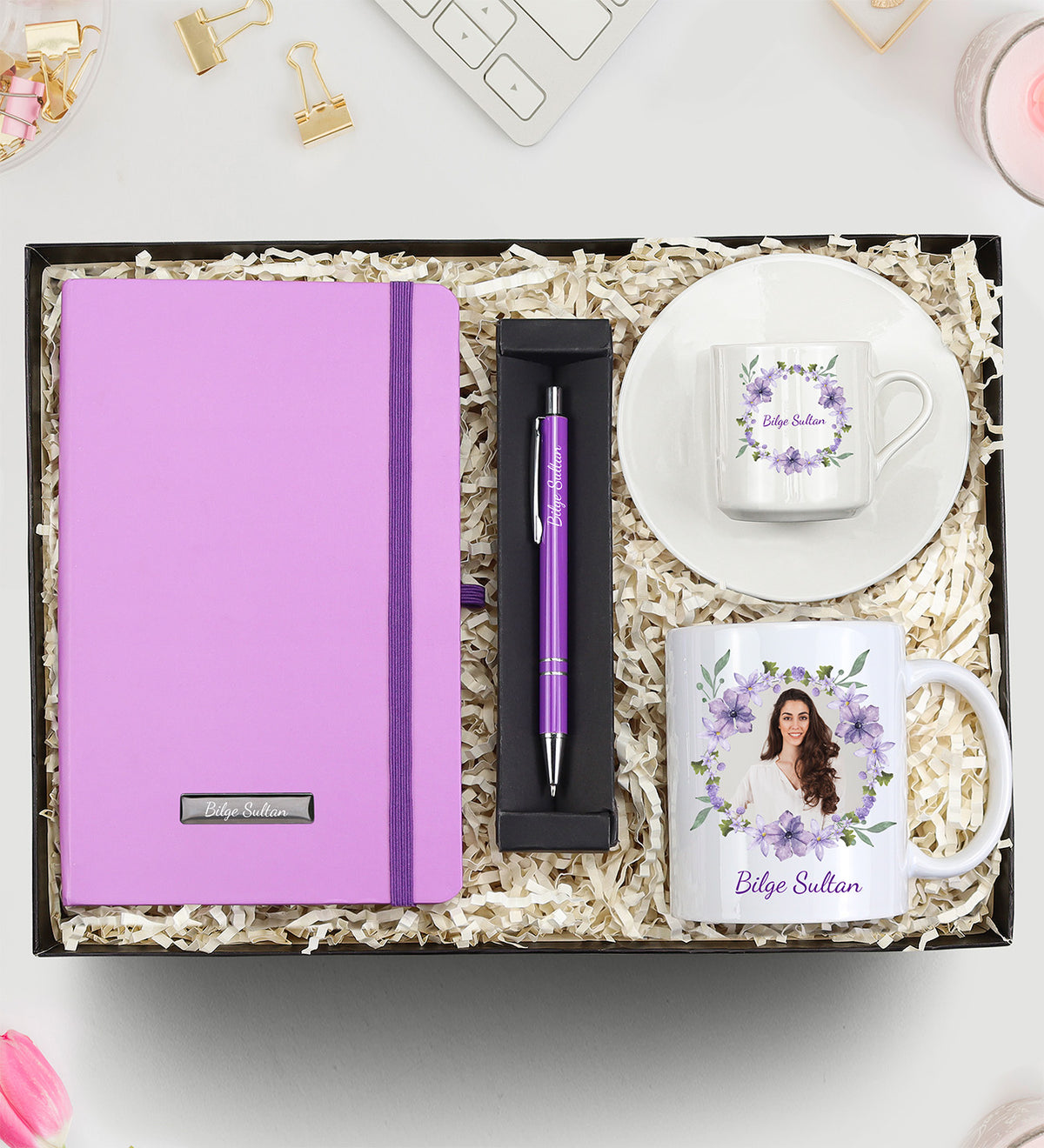 Kişiye Özel Mor Defter & Mor Tükenmez Kalem & Tasarım Türk Kahvesi Fincanı & Fotoğraf Baskılı Kupa Hediye Seti