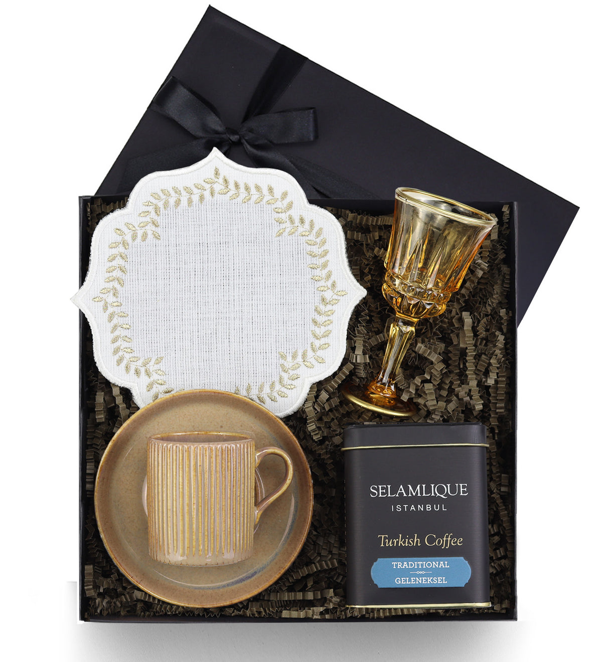 Porselen Fincan & Selamlıque Türk Kahvesi & Kahve Yanı Su Kadehi & Sunum Kahve Peçetesi Hediye Seti