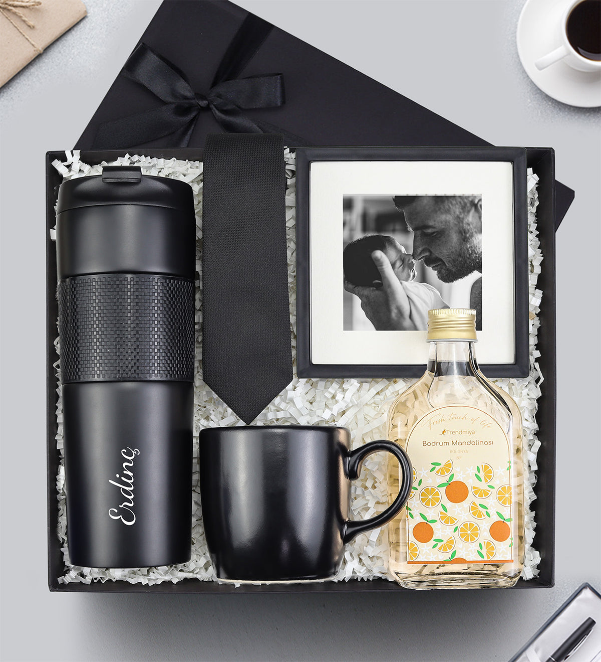 Frenc Press Termos & Kravat & Paspartu Çerçeve & Siyah Kupa & 200ml Trendmiya Kolonya Hediye Seti