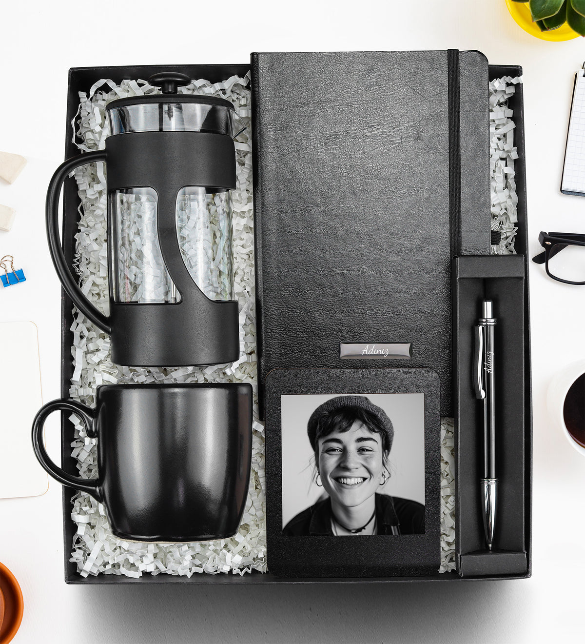 French Press & Defter & Kalem & Çerçeve & Kupa Hediye Seti