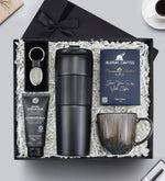 Siyah French Press Termos & Elips Anahtarlık & Lacivert Çizgili Porselen Kupa & Premium Kahve & Yves Rocher Balsam