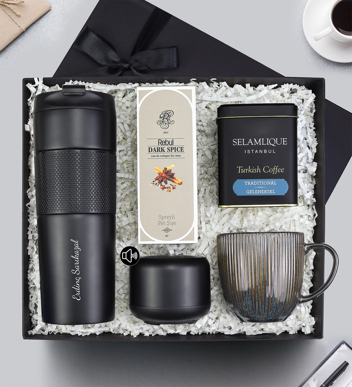 French Press Termos & Rebul Kolonya & Lacivert Çizgili Porselen Kupa & Selamlıque & Hoparlör