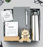 Çelik Gümüş Renk Matara & Gri Defter & Kalem & Takvim & Ayıcık Anahtarlık Hediye Seti