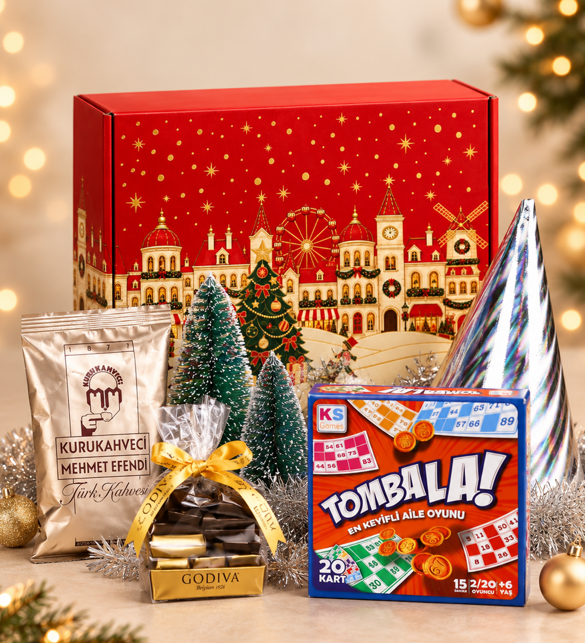 Happy New Year Kutusunda Godiva Napoliten Çikolata & Mehmet Efendi Türk Kahvesi & Ahşap Zeminli Mini Çam Ağacı & Tombala & Yılbaşı Şapkası