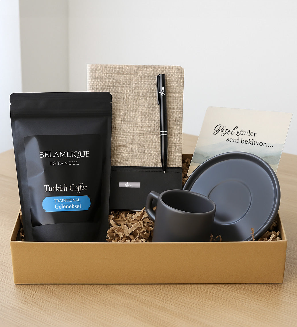 Dokulu Defter & Kalem & Fincan & Selamlıque Paket Kahve Hediye Seti
